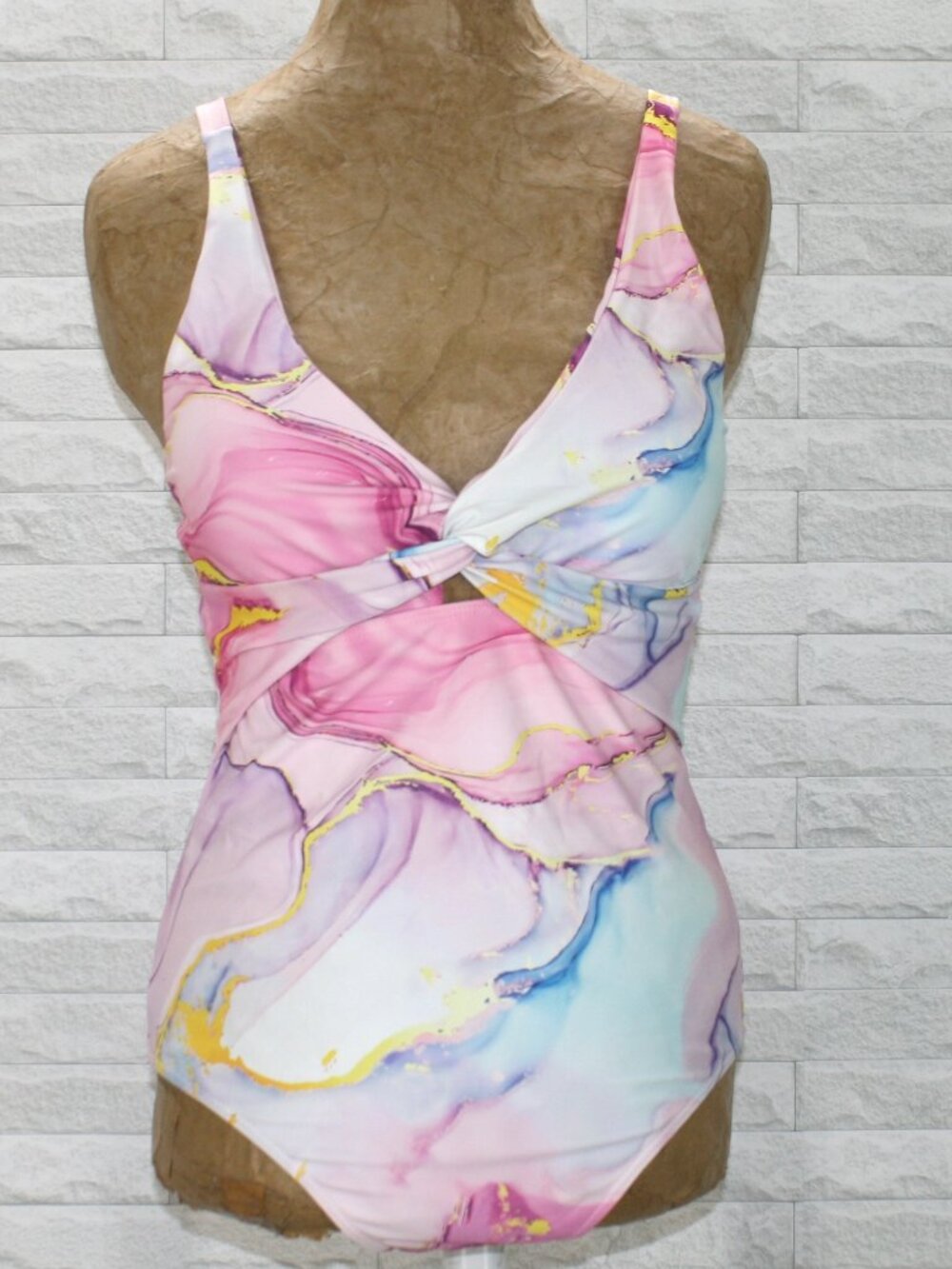 Swimsuit One Piece Bathing Suit Abstract Watercolor Marble Tie Dye Pink Large
